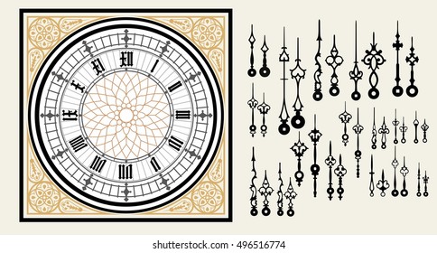 Vintage Clock dial with set hands in the Victorian style. Vector editable template