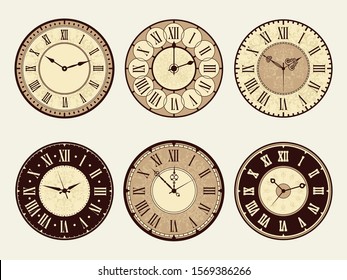 Vintage clock. Elegant antique metal watches vector illustrations