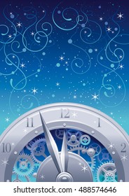 Vintage clock elements on color background - clockwork , cogwheels, minute, hour hands.  Christmas and New Year eve template.   