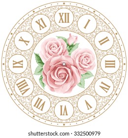 Vintage clock face with hand drawn colorful roses and curly design elements. Shabby chic vector illustration.