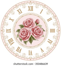 Vintage clock face and hand drawn colorful roses   curly design elements  Shabby chic vector illustration