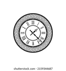 Vintage clock face isolated monochrome icon. Vector retro clocks watchface with roman numerals, ornate watch, antique elegant hour time measuring object, ornamental timepiece, wall or pocket watch