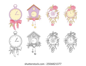 Vintage clock face. Retro clocks watchface with roman numerals, ornate watch and antic watches design. Antique elegant hour time clock. Isolated vector illustration icons set on white background
