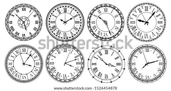 ビンテージ時計の顔 レトロな時計のローマ数字 装飾的な時計 アンティックな時計のデザイン 古風で優雅な時計 分離型ベクターイラスト アイコンセット のベクター画像素材 ロイヤリティフリー