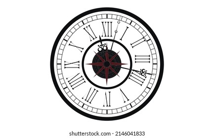 Vintage clock face. Retro clock watchface with roman numerals, ornate watch and antic watches design with compass. Antique elegant hour time clock. Isolated vector illustration icons set