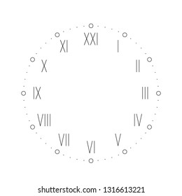 Vintage clock face with Roman numbers. Dots mark minutes and hours. Simple flat vector illustration.