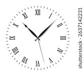 Vintage clock face with Roman numerals and retro hands. Victorian clock dial with hands and Roman numbers. Vector