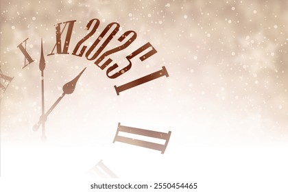 A vintage clock face with Roman numerals counting to 2025, set against a soft golden background with gentle sparkles, ideal for New Year themes.