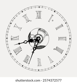 Vintage clock face with Roman numerals. Intricate clock design, clock hands pointing at time. Classic clock illustration, detailed clockwork art. Vintage art drawing, isolated vector element.