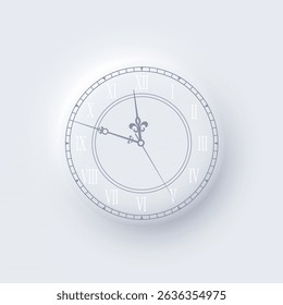 Vintage clock face with Roman numerals. Midnight time. Elegant classic wall clock design in light grey tones. New Year countdown concept. Realistic vector illustration in neomorphism style.