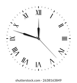 Vintage clock face with Roman numerals and retro hands. Victorian clock dial with hands and Roman numbers. Vector