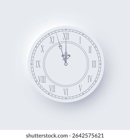 Vintage clock face with Roman numerals. Midnight time. Elegant classic wall clock design in light grey tones. New Year countdown concept. Realistic vector illustration in neomorphism style.