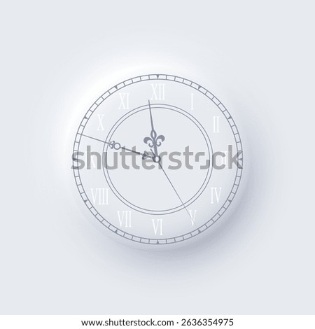 Vintage clock face with Roman numerals. Midnight time. Elegant classic wall clock design in light grey tones. New Year countdown concept. Realistic vector illustration in neomorphism style.