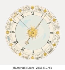 Vintage clock face with zodiac signs. Zodiac symbols encircle the clock. Intricate zodiac illustrations highlight the clock's vintage design. Vintage art drawing illustration, painting art vector.