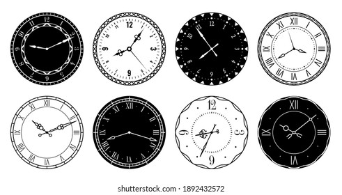 Vintage clock faces. Elegant design retro parts watches with roman and arabic numerals, ornamental black and white frames, carved clock hands show various times. Stylized interior decor vector set