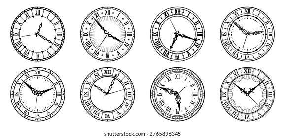 Vintage clock faces with round dials, roman numbers and retro ornate hands. vector watch dials signs set. Watchfaces with black antique ornaments. Classic hour time symbols, isolated monochrome clocks