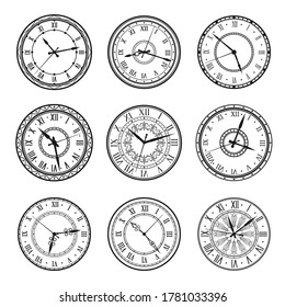 Vintage clock faces, vector retro watch dials signs. Ornate watchface with clock hands, roman numerals and antique ornament design. Elegant classic hour time symbols, isolated monochrome icons set