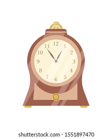 Vintage Clock Flat Vector Illustration. Elegant Retro Wooden Timepiece With Round Clockface. Antique Style Interior Design Element. Old Fashioned Grandfather Clock, Time Measuring Mechanism.