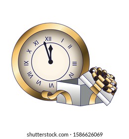 vintage clock and gift box over white background, colorful design, vector illustration
