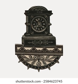 Vintage clock illustration with ornate design, featuring intricate floral patterns and Roman numerals. Classic vintage style, perfect for decor enthusiasts. Vintage art illustration, vector.