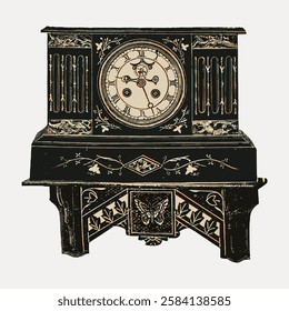 Vintage clock with intricate floral designs. Antique clock features ornate patterns. Classic clock with vintage charm and floral embellishments. Vintage art illustration, vector.