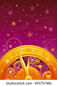 Vintage clock new year poster background, holiday vector illustration for 2017, 2018, 2019 years.
