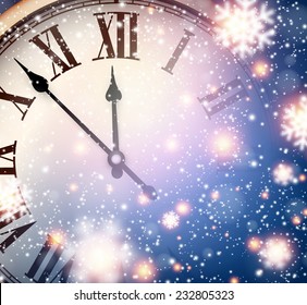 Vintage clock over snowfall christmas background. New year vector illustration. 