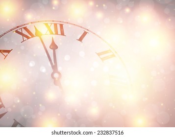 Vintage clock over snowfall christmas background. New year vector illustration.