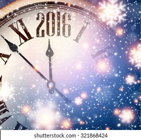 Vintage clock over snowfall christmas background. 2016 New year vector illustration. 