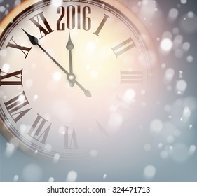 Vintage clock over snowfall christmas background. New 2016 year vector illustration. 