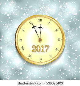 Vintage clock over snowfall christmas background. New year vector illustration.