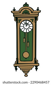 Vintage clock with pendulum, Chronometer. Vector doodle color morning illustrations isolated on white for flyer design, book illustration, new year cards.