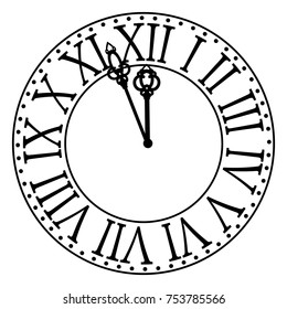 Vintage clock with roman numbers. New Year midnight