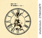 Vintage clock with Roman numerals isolated on a white background. Black antique clock with hands and a Roman dial. Vector