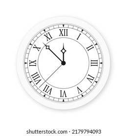 Reloj vintage con números romanos aislados en fondo blanco. Reloj antiguo blanco con flechas y cara de reloj romano. Vector