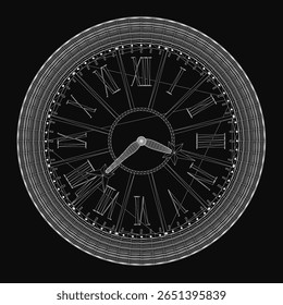 Relógio vintage com algarismos romanos destaca-se em um fundo preto, apresentando uma forma redonda clássica e agulha centrada indicando tempo. O desenho monocromático exala elegância intemporal e retro.