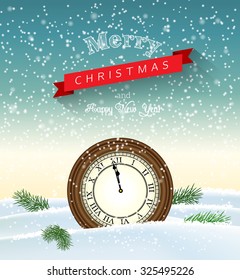 Vintage clock showing one minute to twelve lying in snow, vector illustration, eps 10 with transparency and gradient meshes