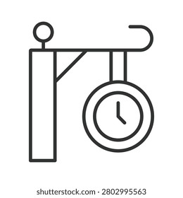 Vintage clock sign on post icon in line design. Time, watch, station, meeting, old, retro, antique, classic on white background vector. Public clock sign editable stroke icon.