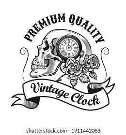 Vintage clock tattoo design  Monochrome element and skull  flowers   vintage watch vector illustration and text  Watchshop   service concept for emblems   labels templates