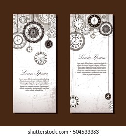 Vintage clock vector banner background set. Retro antique backdrop for business. Classic watch dial cover illustration. Elegant invitation, postcard, paper design. Traditional card. Victorian style