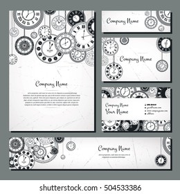 Vintage clock vector banner background set. Retro antique backdrop for business. Classic watch dial cover illustration. Elegant invitation, postcard, paper design. Traditional card. Victorian style