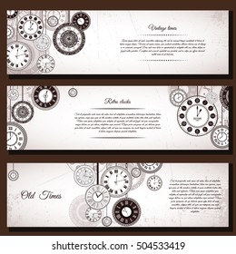 Vintage clock vector banner background set. Retro antique backdrop for business. Classic watch dial cover illustration. Elegant invitation, postcard, paper design. Traditional card. Victorian style
