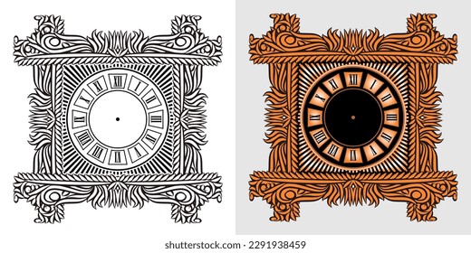 vintage clock vector illustration in classic style, with some decorations and engraving. Roman numerals are engraved inside, blanking the hour hand for re-editing, vintage line drawing or engraving il