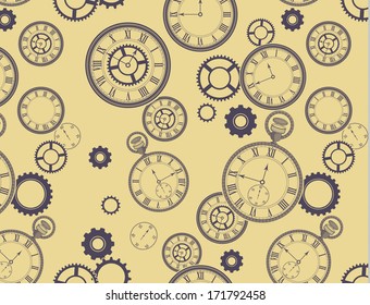 Vintage Clocks Pattern - Seamless pattern (included in swatches palette in EPS file), with different clocks, pocket watches, stopwatches and gears 