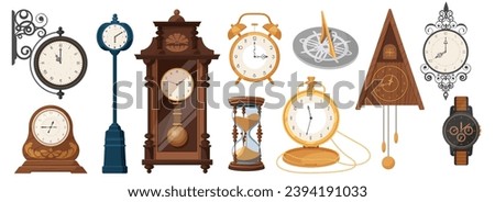 Vintage clocks set vector illustration. Cartoon isolated antique classic devices collection with old gold pocket watch and cuckoo clock, hourglass and sundial, retro chronometer to measure time