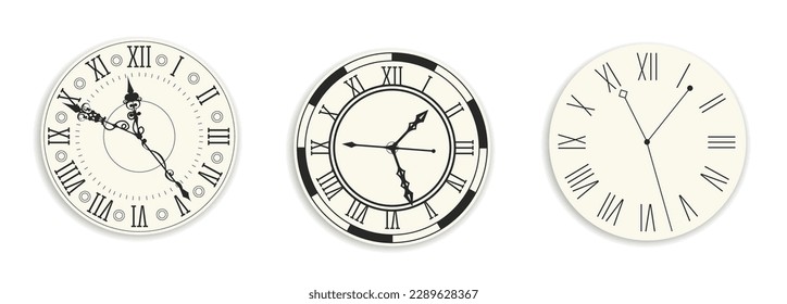 Vintage clocks and watches, faces with roman numbers, hands with curves and ornament. Antiquity decoration for home interior. Old letters and minimalist design, variety. Vector in flat style