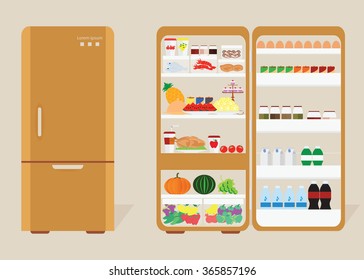 Frigorífico Vintage cerrado y abierto lleno de alimentos y bebidas, frutas y verduras, Ilustración vectorial.