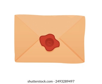 Vintage closed paper envelope with letter and wax seal, ancient document and message vector illustration