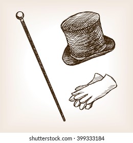 Vintage clothes cylinder cane gloves sketch style vector illustration. Old hand drawn engraving imitation. Vintage object illustration