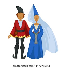 Vintage clothes design Gothic fashion style isolated man and woman vector male and female character in shirt with belt cone hats dress. and headdress with veil girl in gown and guy in leggings